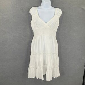 Vintage Y2K Womens Dress Sz L Lace Trim White Babydoll‎ Sleeveless Tiered Boho